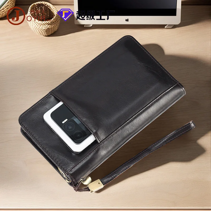 Genuine leather men's wristband, long high-end men's mobile phone storage, large-capacity multi-functional business wallet