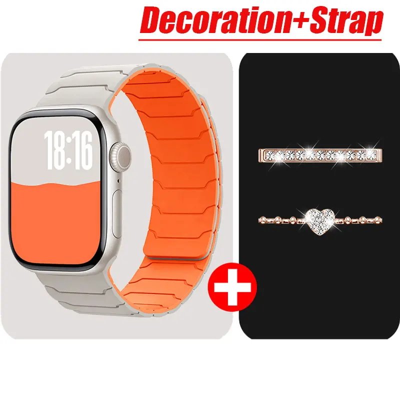الديكور + المغناطيسي سيليكون سوار حزام ل سوار ساعة أبل الترا 2 45 مللي متر 44 مللي متر 40 مللي متر 42 مللي متر 46 مللي متر 41 مللي متر IWatch سلسلة 10 SE 9 8 7