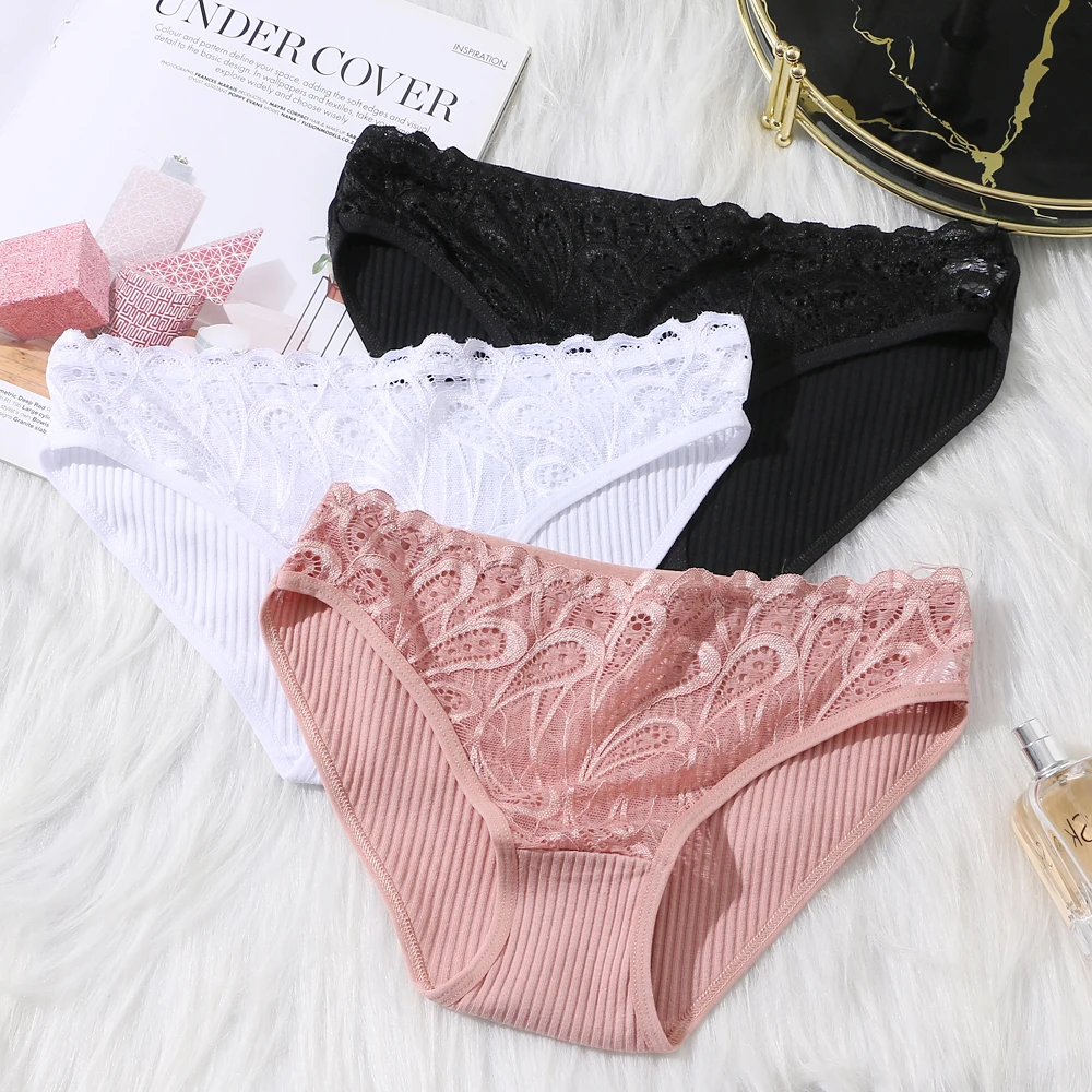 KISS WIFE 3PCS/Set Women\'s Cotton Panties Underwear Sexy Low-Rise Underpants Female Comfortable Lace Underwear Briefs