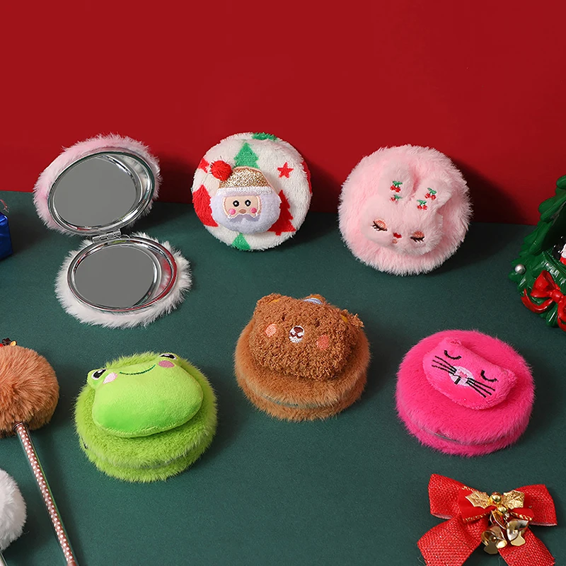 Cute Plush Mini Mirror For Girls Portable Foldable Travel Compact Pocket Make Up Round Mirror Women Student Dressing Tool