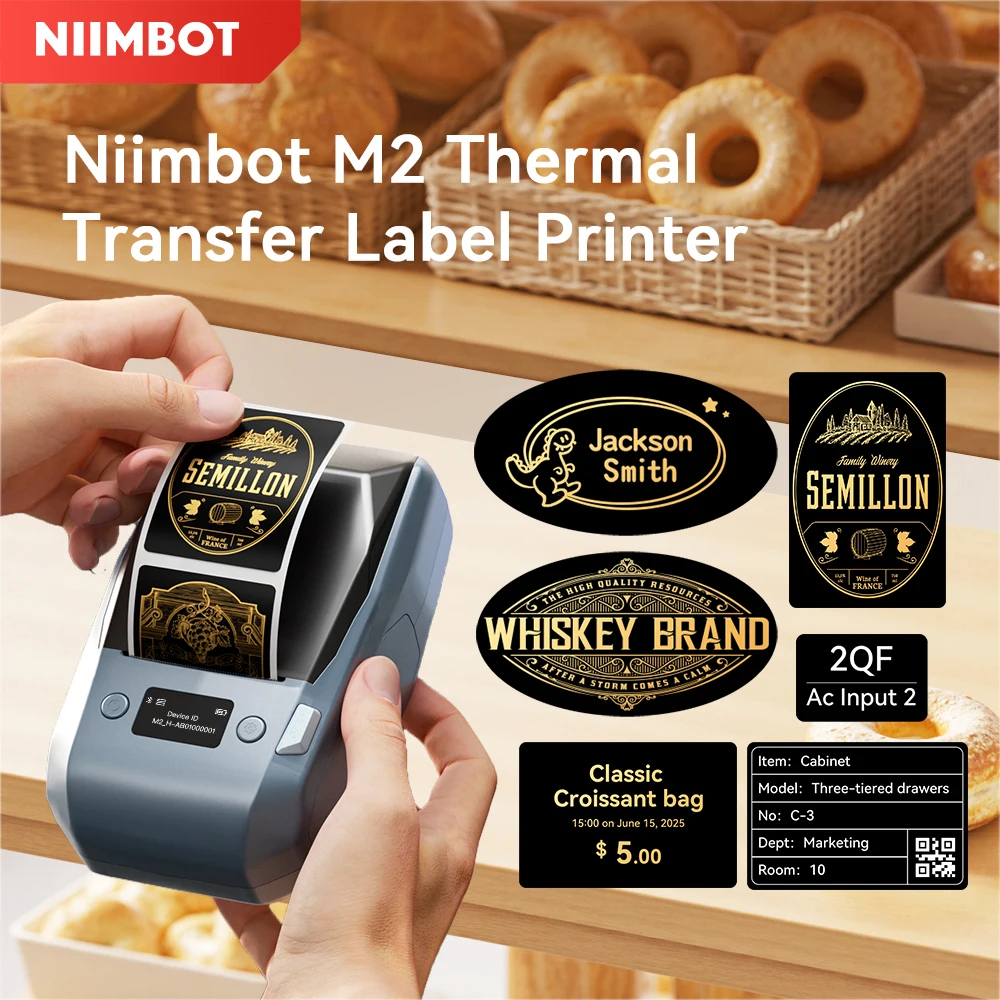 Niimbot M2 Thermal Transfer Label Printer Golden/White Ribbon and Black Self Adhesive Wine Bottle DIY Labels for Home Bussiness