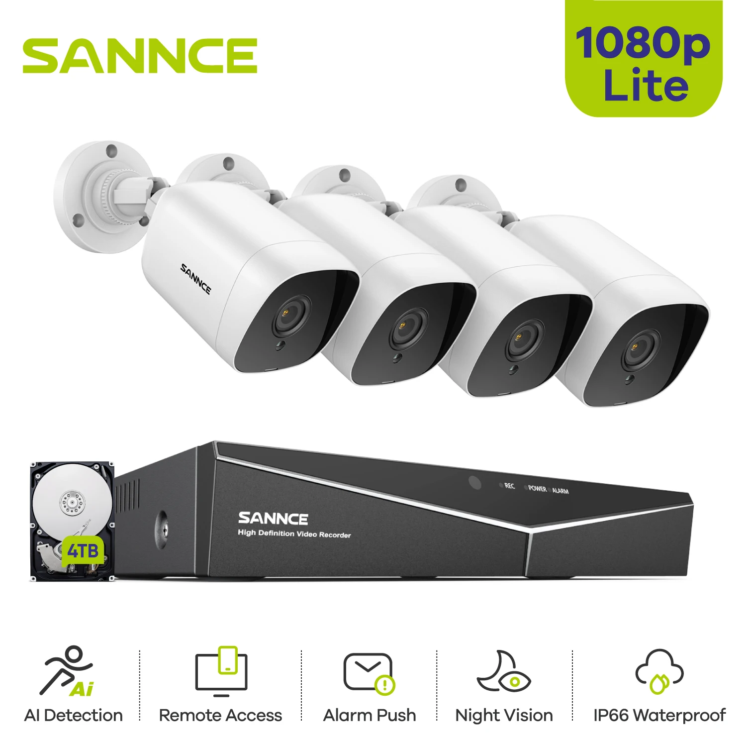 

SANNCE 4CH DVR CCTV System 4PCS 2MP IP66 Waterproof Outdoor Security Cameras 1080P TVI CCTV DVR 1280TVL Surveillance Kit