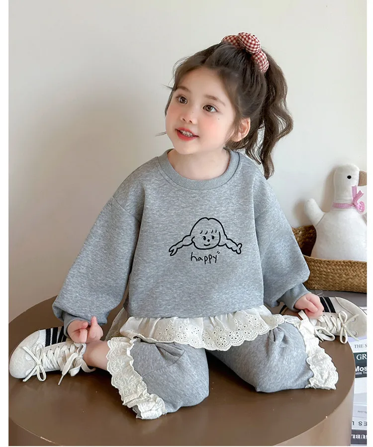 Frühling und Herbst Koreanische Version Plain Mädchen Kleidung Spitze Spleißen kinder Set Langarm Cartoon Gedruckt Top + Hosen – Detail 8