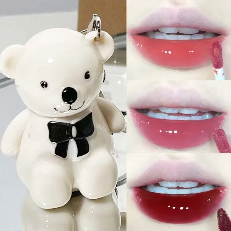 Water Light Mirror Lip Glaze Waterproof Long Lasting Cute Bear Keychain Lip Gloss Silky Smooth Liquid Lipstick Women Lip Makeup