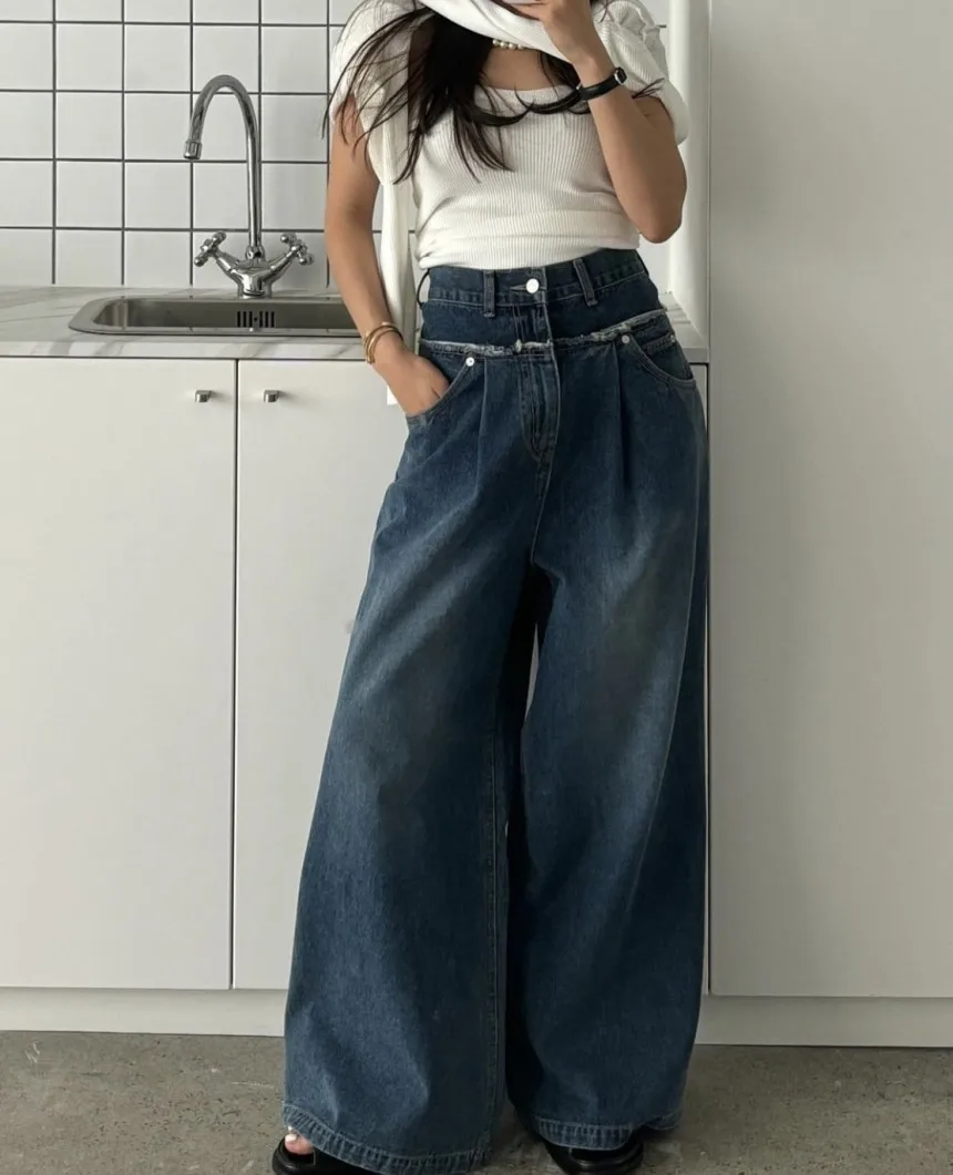 

High Waist Torn Hem Denim Jeans Women's Vintage Washed Embossed Loose Slimming Wide Leg Long Pants Trendy Deep Light Color