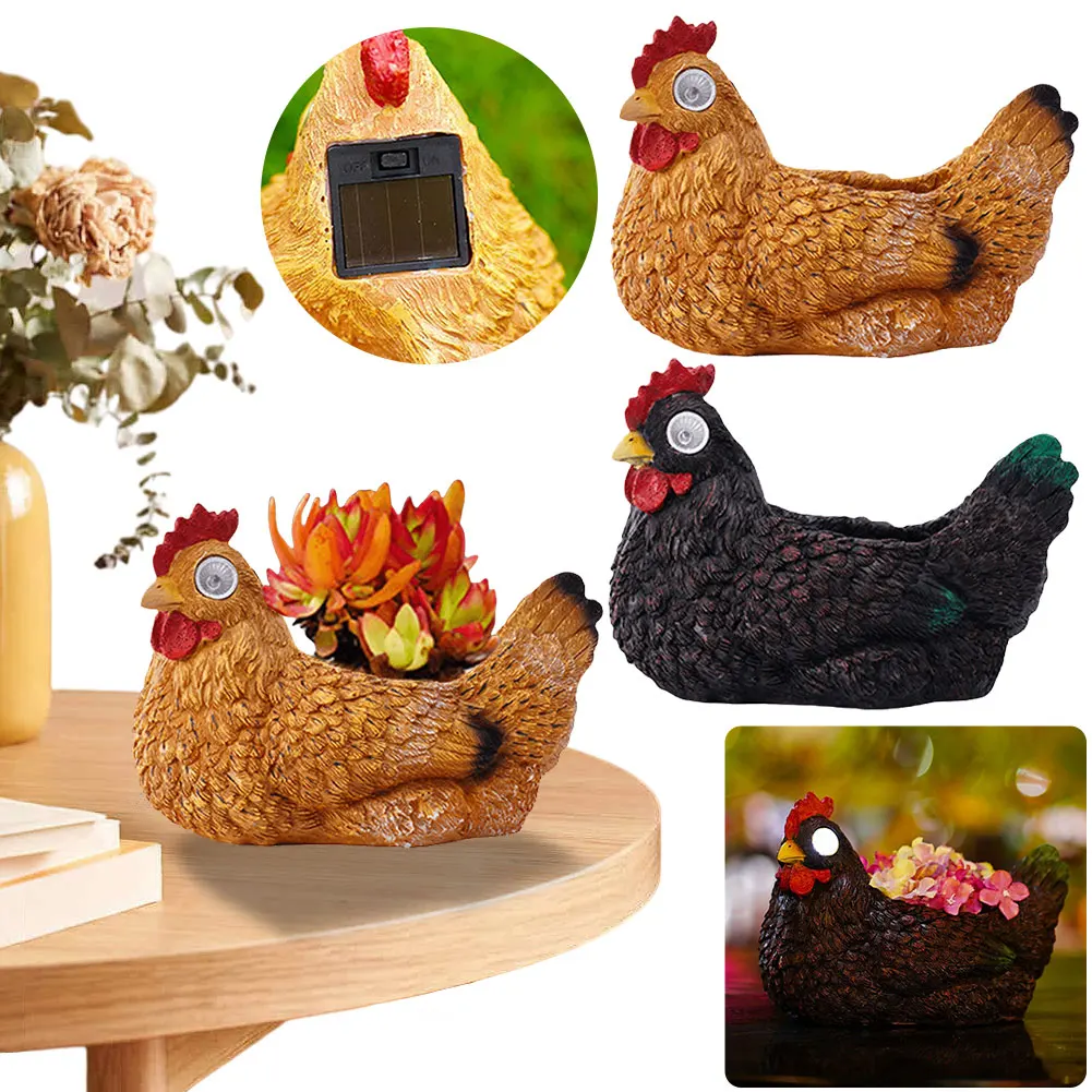 

Resin Hen Flower Pot Figurines with Solar Light Chicken Statue Succulent Planter Solar Garden Statue Lights Outdoor Garden Decor