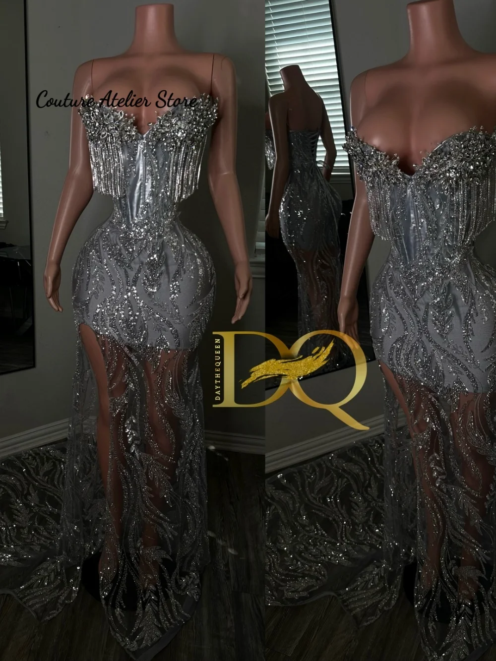 

Sliver Beaded Strapless Prom Dresses For Black Girls Shinning Mermaid Dress For Party Wedding Evening Elegant Customized