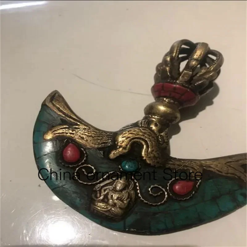 

Tibetan Turquoise Coral Gem Dragon Loong Head Faqi Fa Qi Phurba Dagger Holder Dharma Vajra Drop The Magic Pestle Home Decor