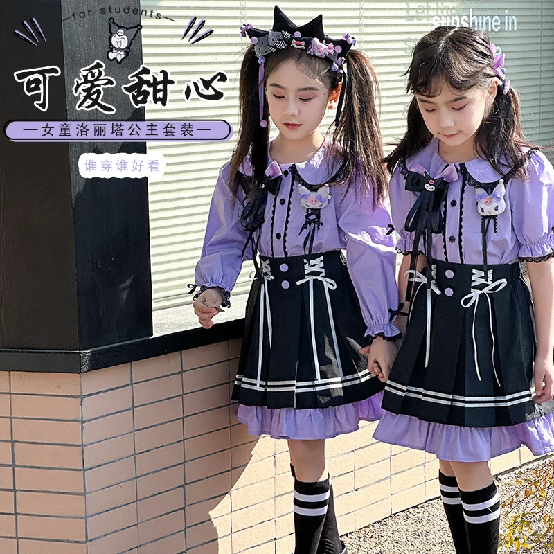 

2Pcs Girls Jk Anime Kuromi Party Dress Summer College Style Princess Skirt Puff Sleeves Sweet Kawaii Cartoon Spring Autumn