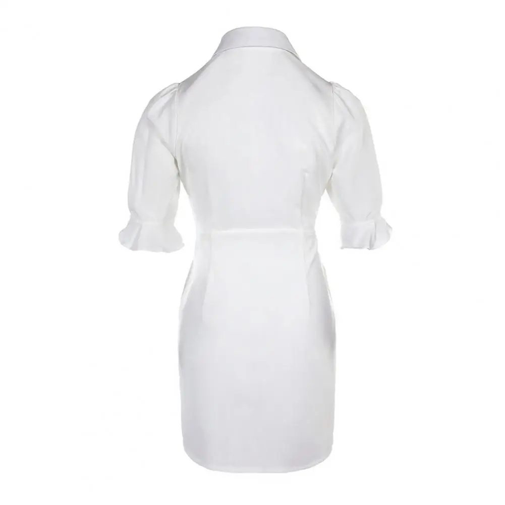 Robe chemise élégante à revers pour femmes, manches courtes, robe midi d'affaires, robe monochrome, tenue de bureau pour document, mince, été