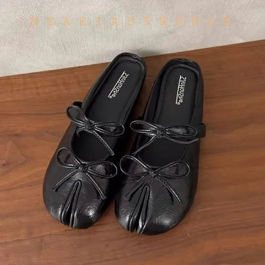 

Wine Black Leather Mary Jane Split Toe shoes Flats with Double Knots Half Slippers for Women Comfortable Office tabi Shoes Pumps