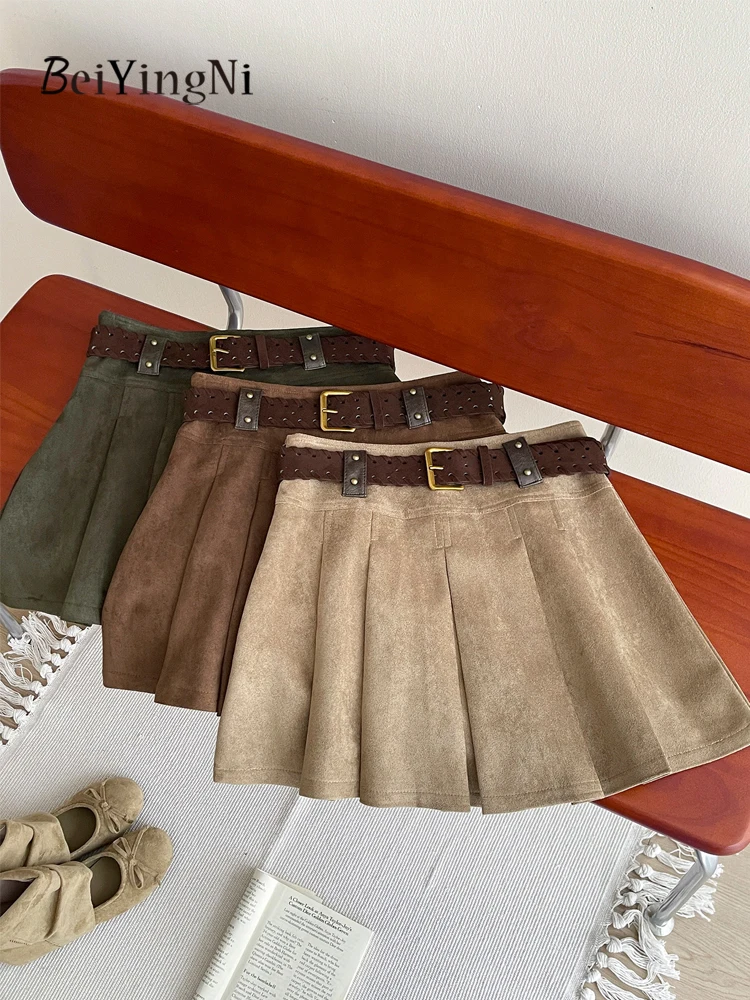 Beiyingni American Style Mini Skirt Women Autumn Winter Y2K Vintage Sexy Pleated Skirts With Belt Solid Female Velvet Fladas
