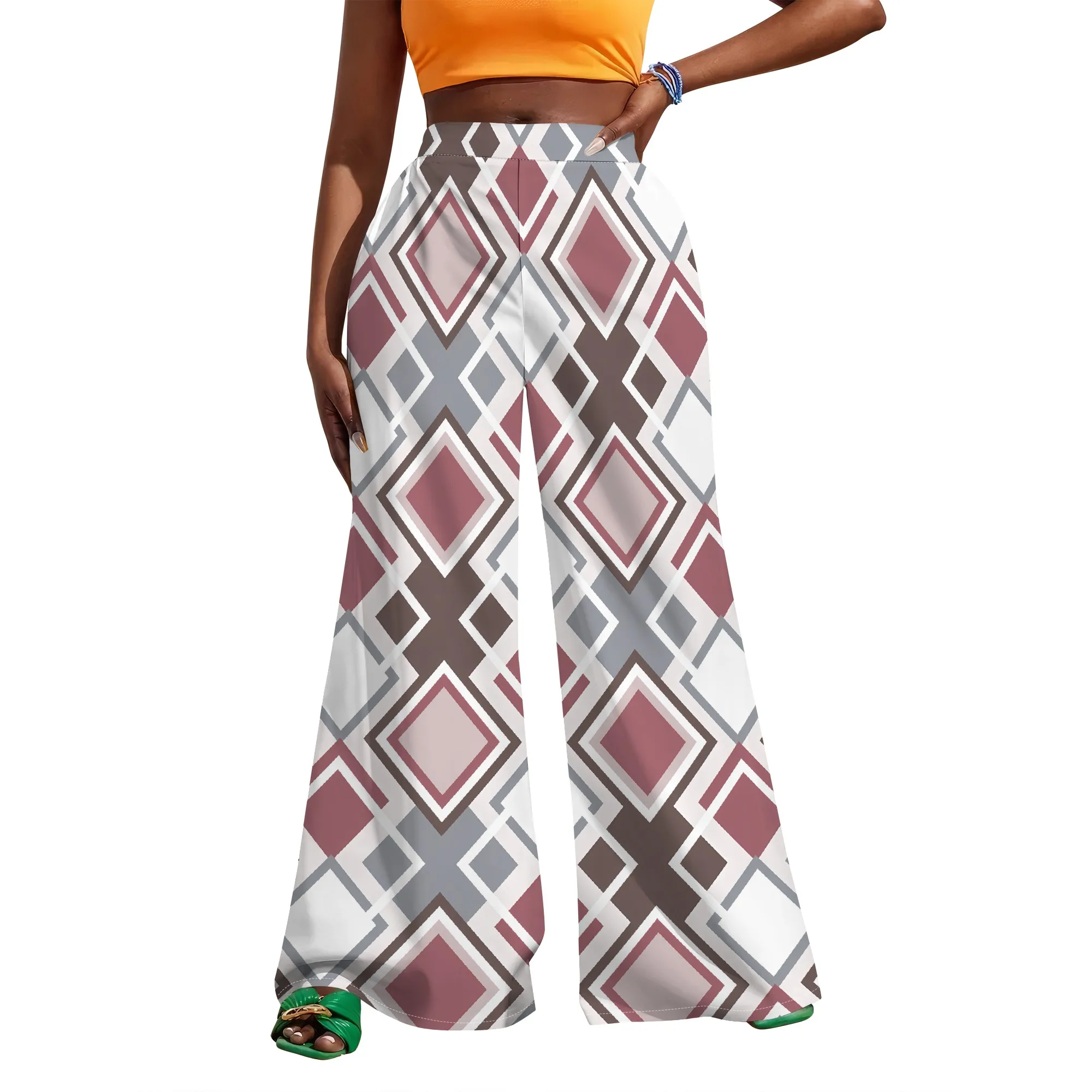 Christmas Patchwork Print Wide Leg Pants High Waist Flare Trousers Holiday Casual Style
