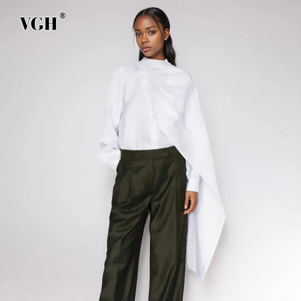 

VGH Solid Minimalist Loose Blouses For Women Scarf Collar Long Sleeve Patchwork Single Breasted Casual Shirts Female Fashion New