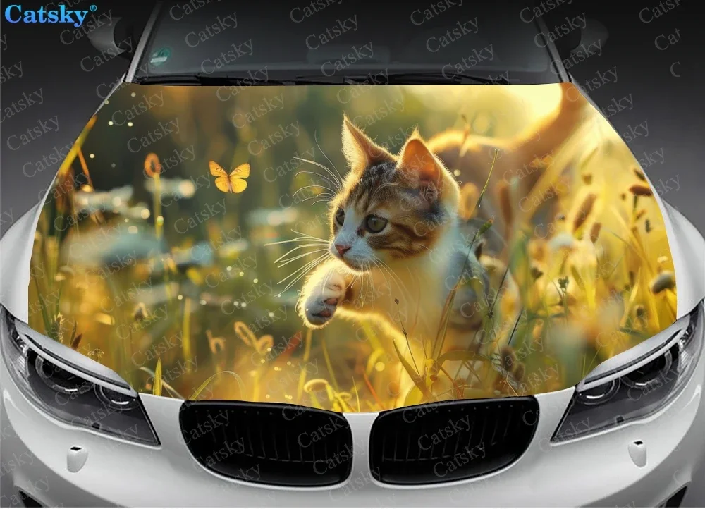 Kitten with Wildflowers Car Hood Vinyl Stickers Wrap Vinyl Film Engine Cover Decals Sticker Universal Car Hood Protective Film