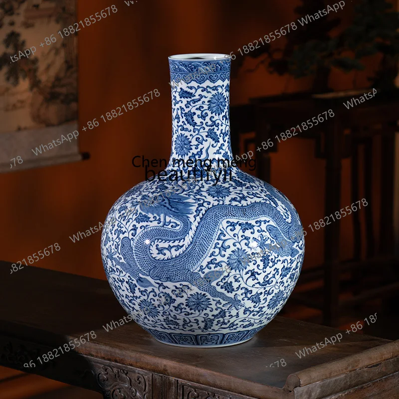 

P178 Сине-белая витая ветка с рисунком дракона, небесный шар, бутылка Цзиндэчжэнь, керамический орнамент, китайское украшение для вазы