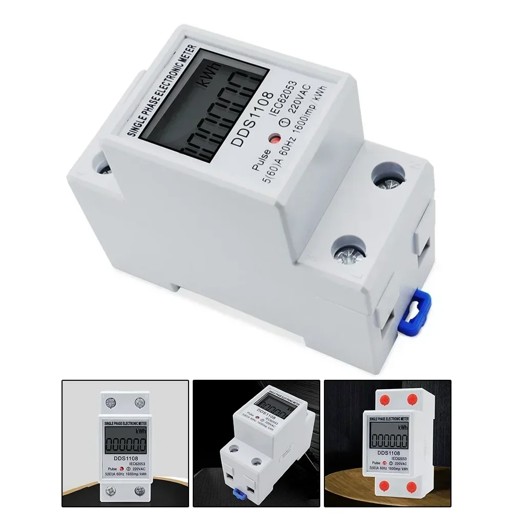 LCD Single Phase Electric Energy Meter AC Digital Watt-Hour Meter 220V 60A 50/60Hz Electric Din Rail Digital Display Single