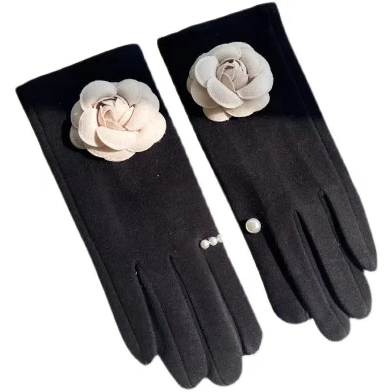 السيدات الجديدة الخريف والشتاء عطر خفيف كريم لؤلؤة كاميليا مع قفازات مخملية دافئة لركوب الخيل التي تعمل باللمس #4