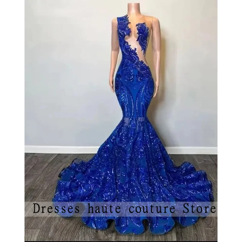 

Королевские синие блестки Блестящие платья для выпускного вечера Черные девушки Роскошные стразы и бусы Русалка Элегантные вечерние платья для дня рождения