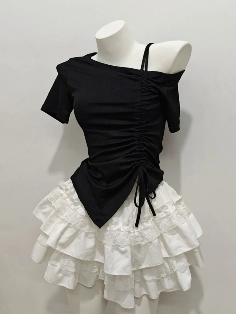 

Летний комплект OOTD: топ с открытыми плечами и коротким рукавом в стиле Sweet & Spicy Girl, белая кружевная пышная короткая юбка-кейк, женский модный комплект