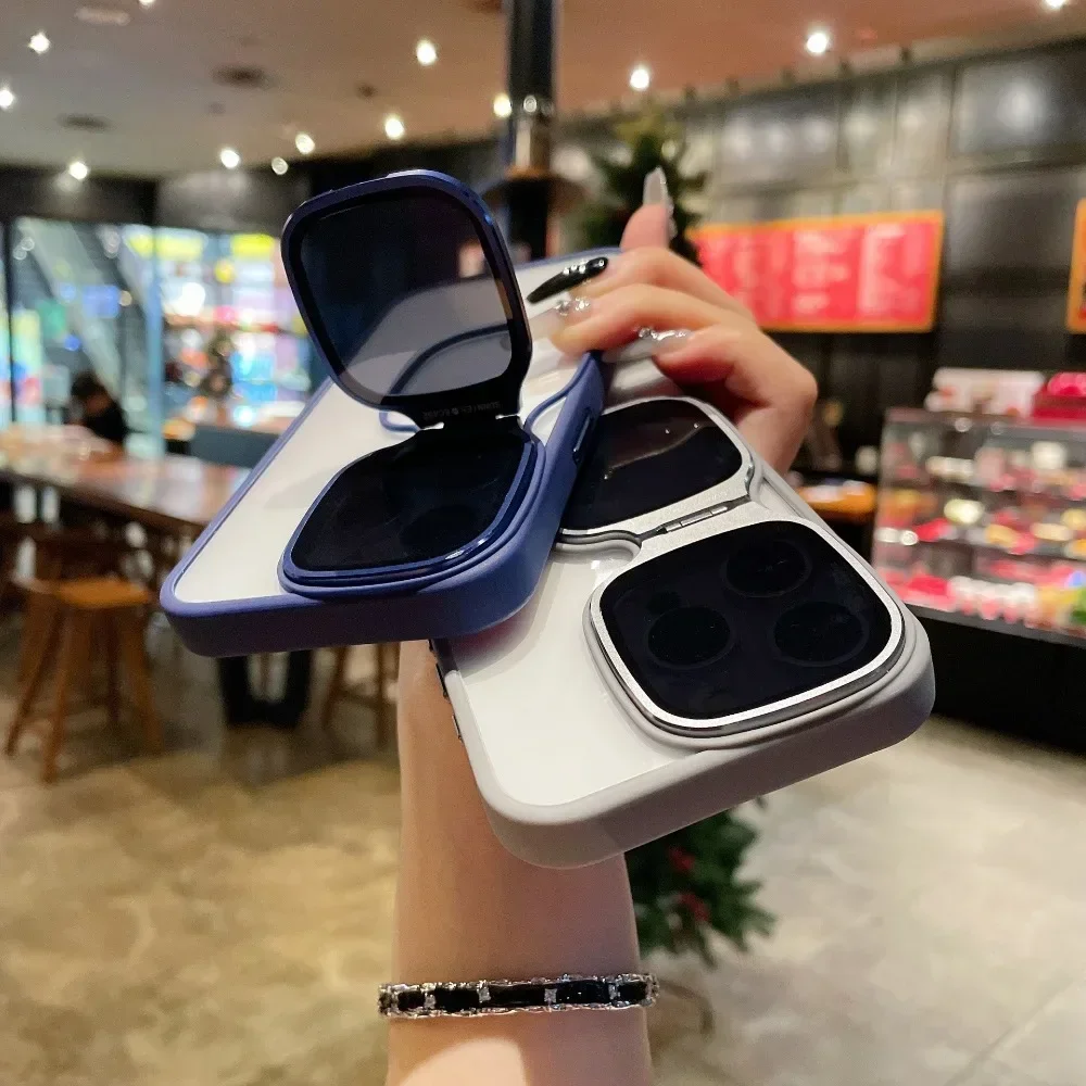 Folding Sunglass Shape Holder Phone Case For iPhone 12 13 14 15 Pro Max Lens Camera Protection Shockproof Acrylic Stand Cover