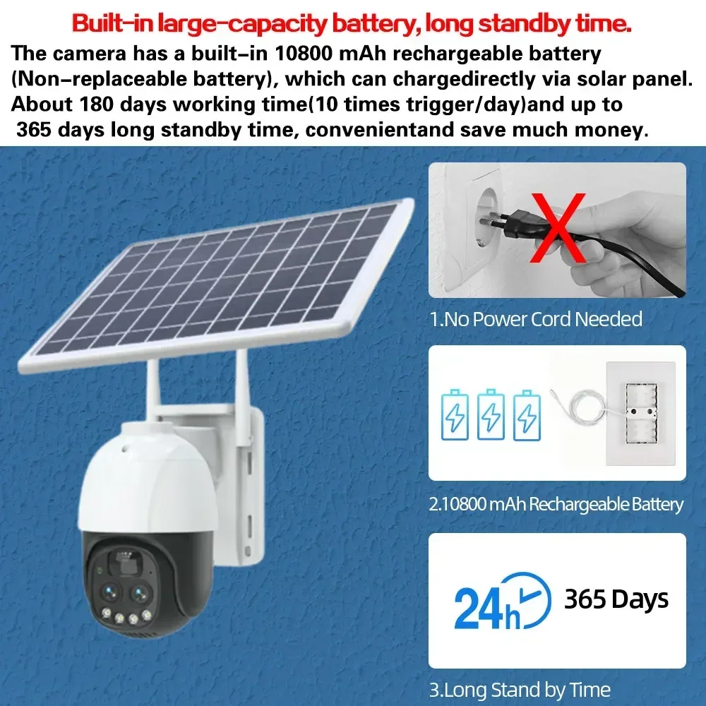 4K Solar Powered 4G PTZ Camera Dual Lens 10X Zoom Outdoor Wateproof Wireless Solar CCTV Video Surveillance Camera System 8MP