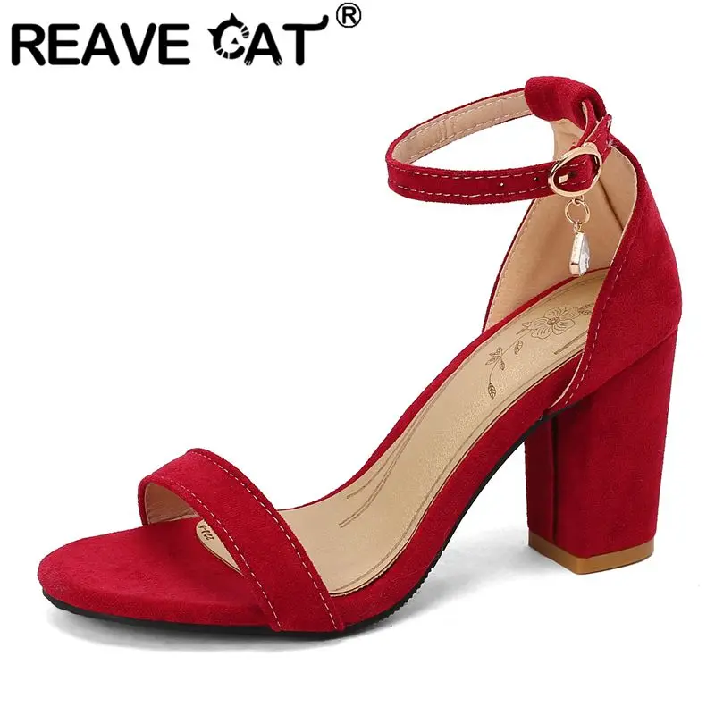 REAVE CAT Flock Suede Women Sandals Round Toe Block Heels 8cm Buckle Strap Large Size 45 46 47 48 Soft Daily Female Shoes Summer