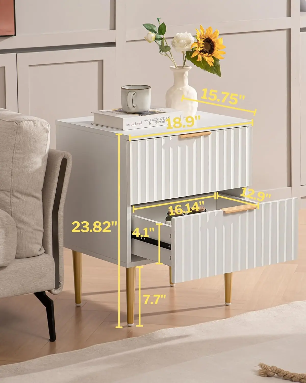 White Night Stand Set 2, Wide Fluted Nightstand with 2 Drawers,  End Side Table with Golden Metal Legs and Handles（2, White）