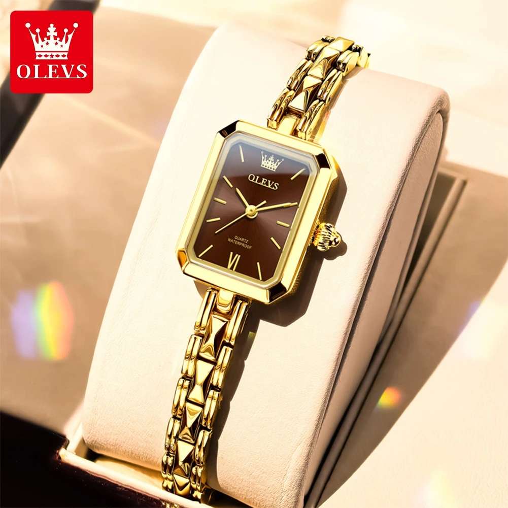 OLEVS 3691 Luxury Gold Women's Watch Retro Square Quartz Wristwatch Waterproof Elegant Ladies Dress Watch Fashion Bracelet Watch