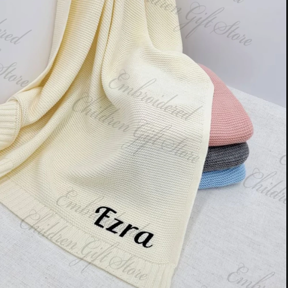 Newborn Knitted Blanket Baby Gift Personalized Name Baby Shower Stroller Blanket Custom Baby Birth Announcement Embroidered Gift