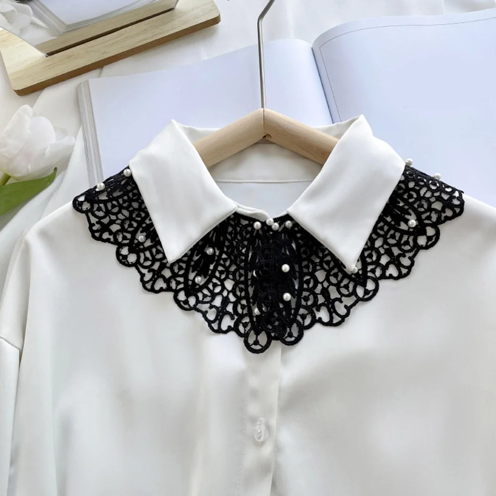 Hollow Pearl Detachable Fake Collar Ladies Shawl Wrap Embroidered False Collar Clothes Accessory White Neckline For Shirts Dress