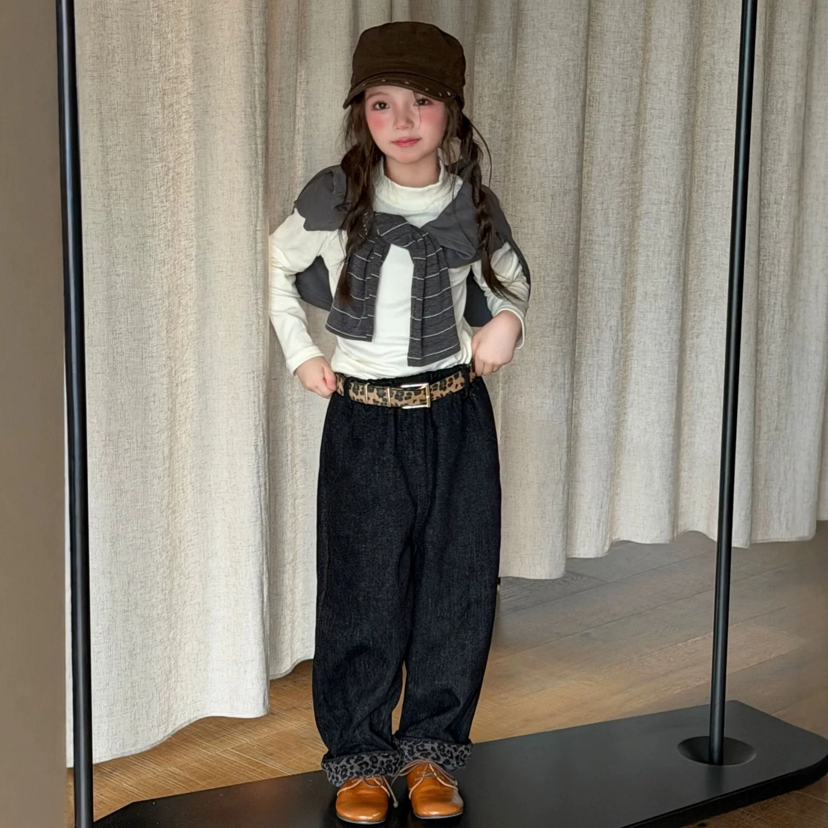 Girls Vintage Leopard Rolled Wide Leg Jeans 2026 Winter Kids Elastic Waist Loose Denim Straight Long Pants