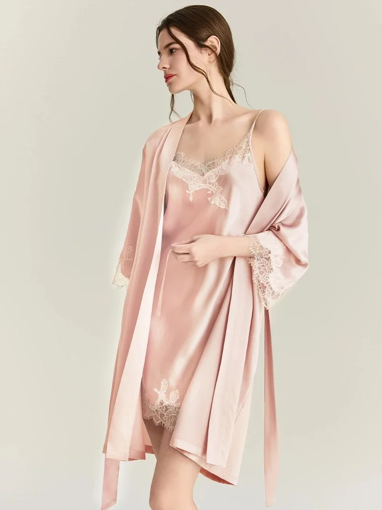 

22momme 100% Mulberry Silk Sexy Kimono Robes Nightdress Set Spring Lace Trim Lingerie Nightgown Bathrobe Solid Sleepwear Pajamas