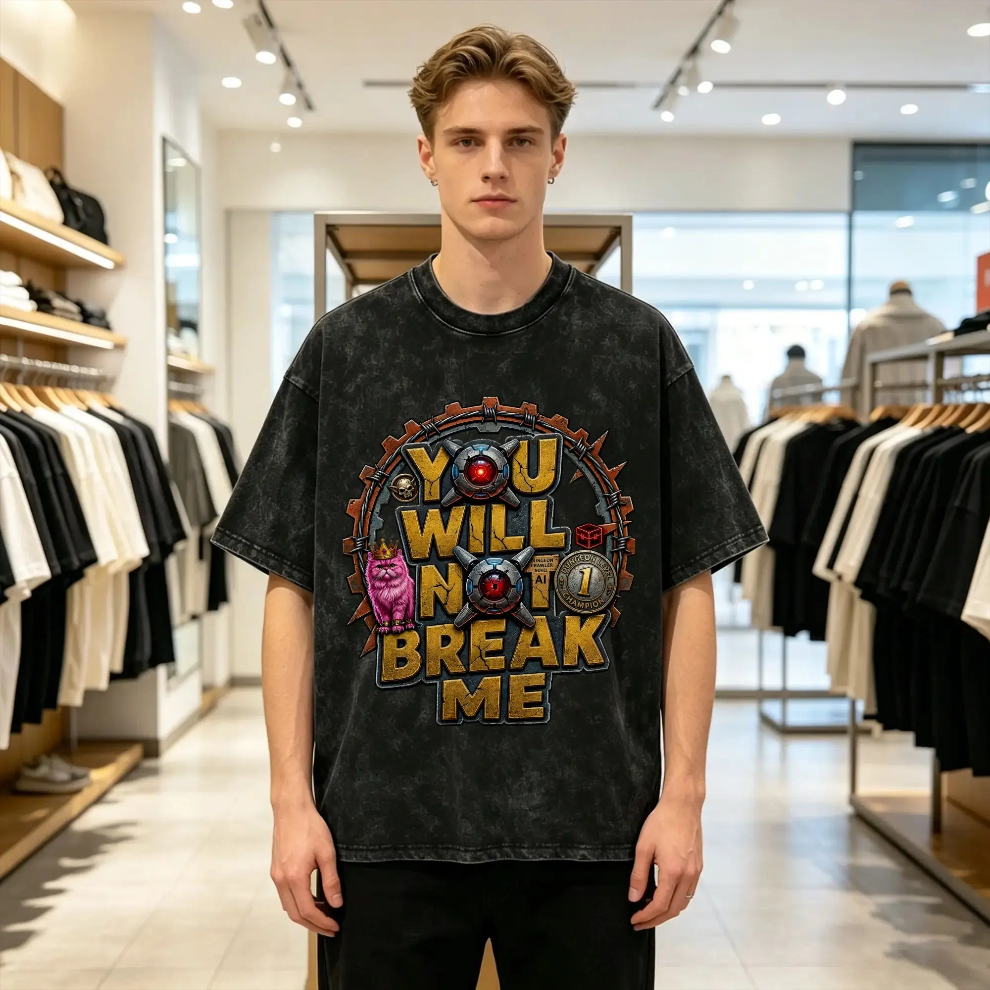 You Will Not Break Me Men's T Shirt Washed Dungeon Crawler Carl  Vintage Tees Short Sleeve Crewneck T-Shirt Pure Cotton Clothes