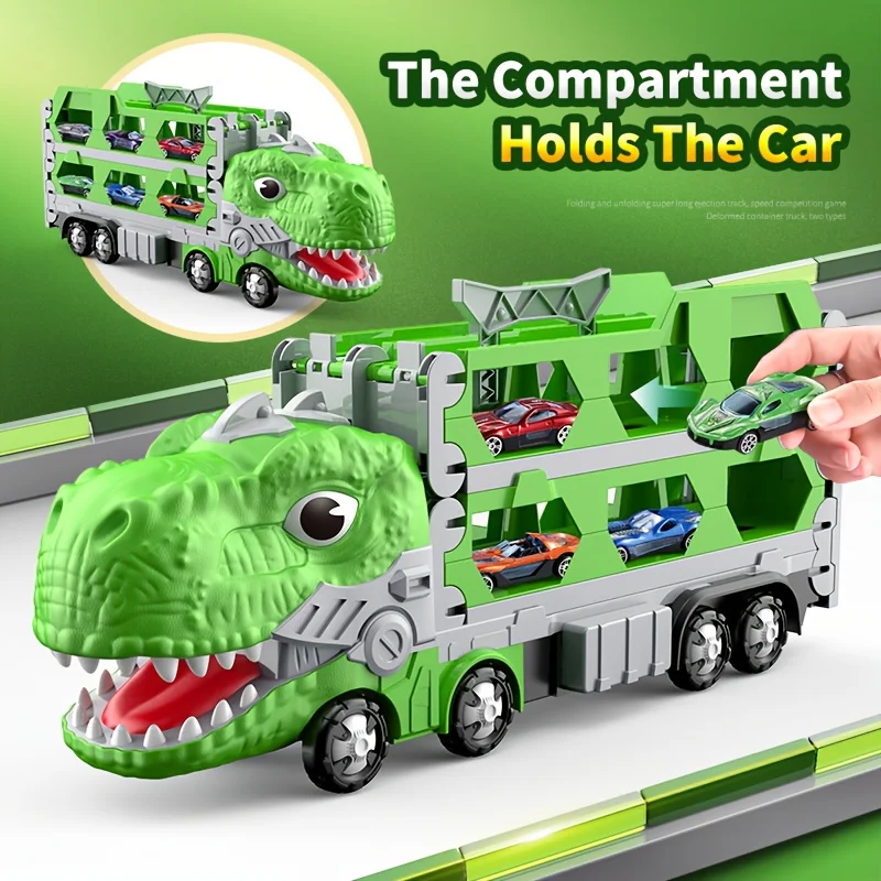 

Large Dinosaur Car Toy T-Rex Truck Transforming Carrier Truck Race Track Foldable Truck with Racing Car Birthday Gift for Boys
