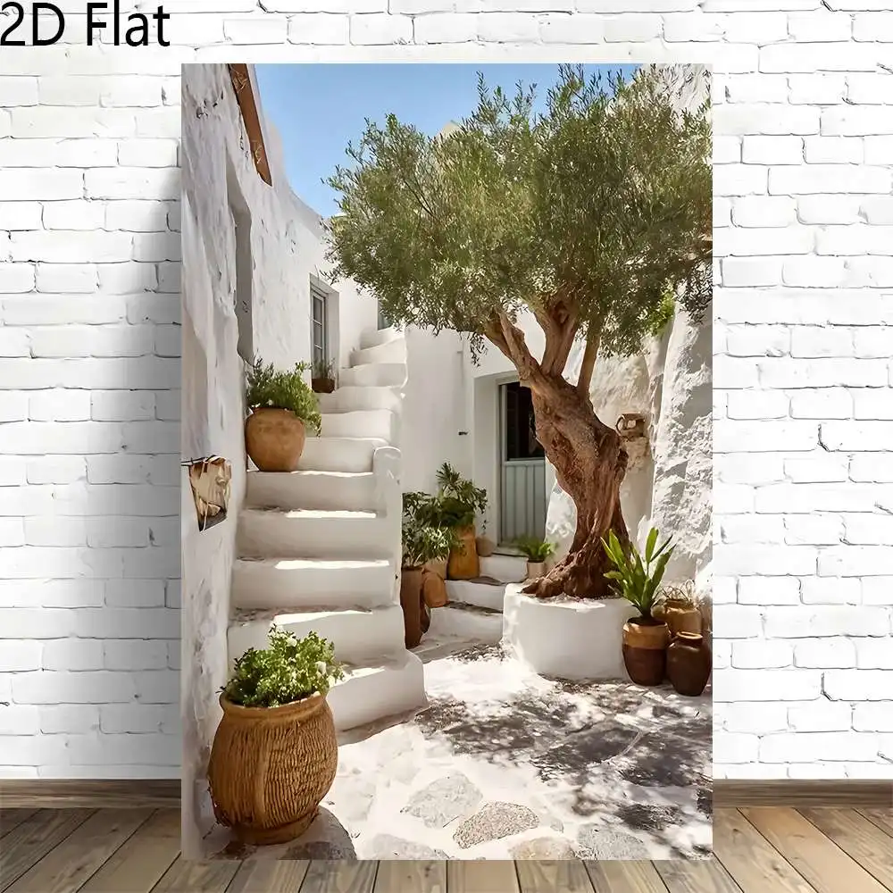 Frameless Canvas Art Depicting a Sunlit Mediterranean Courtyard with an Olive Tree, Ideal for Decorating Walls in for Homes And