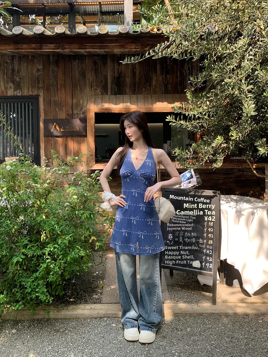 Niebieska spódnica Ele Hanging Ne Dr damska, letnia, nowa kolekcja 2025, wyszczuplająca, z wysokim stanem, krój H, z włókna poliestrowego, odzież codzienna.