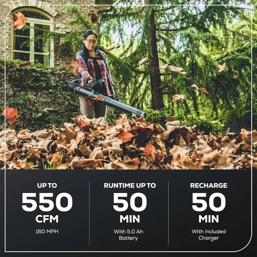 منفاخ حقيبة الظهر بدون فرش 60 فولت 550 CFM، بطارية 5.0 أمبير وشاحن 6 أمبير