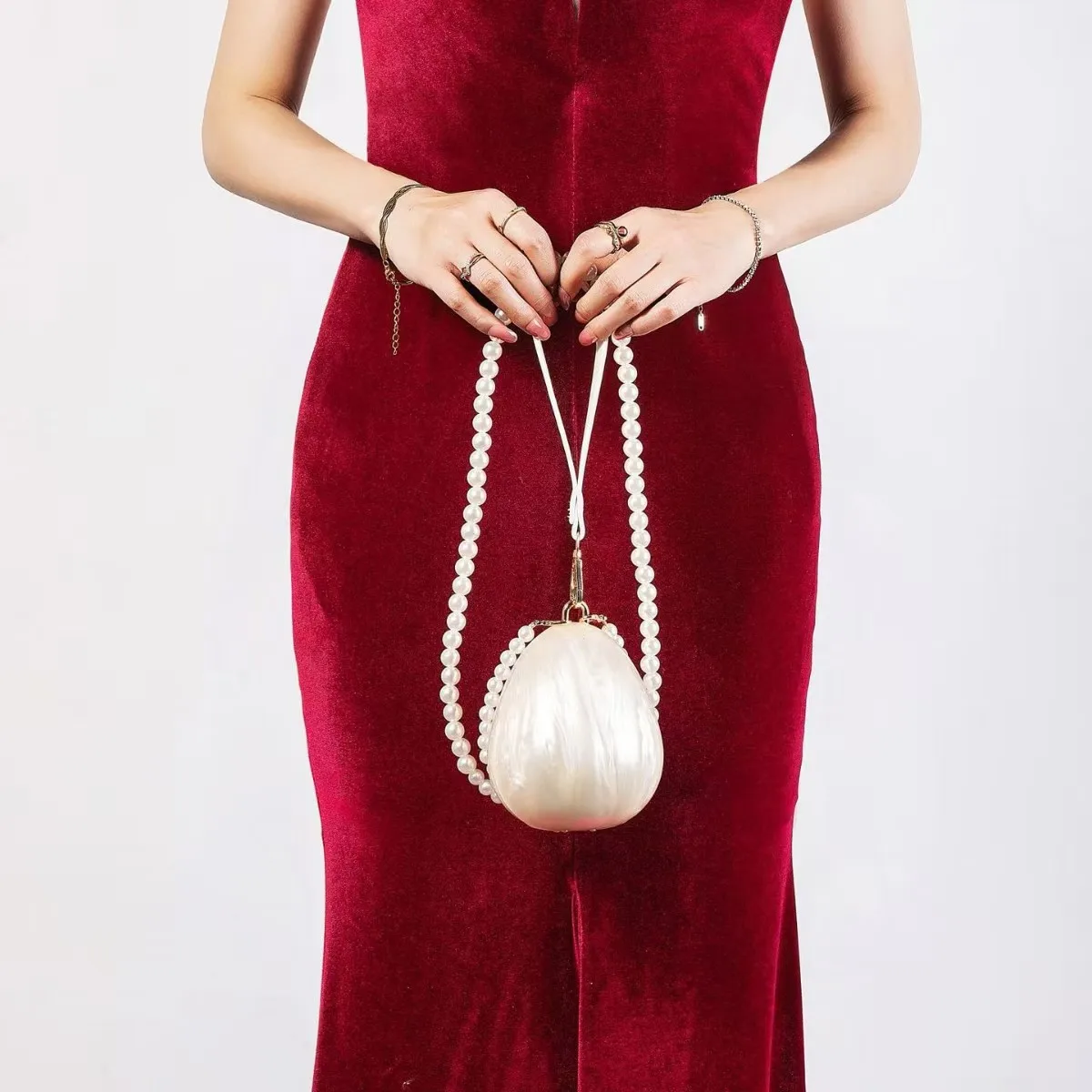 Cute Acrylic Egg Pearl Evening Clutch Bag Beaded Shoulder Handbag Luxury Designer Purse For Wedding Party