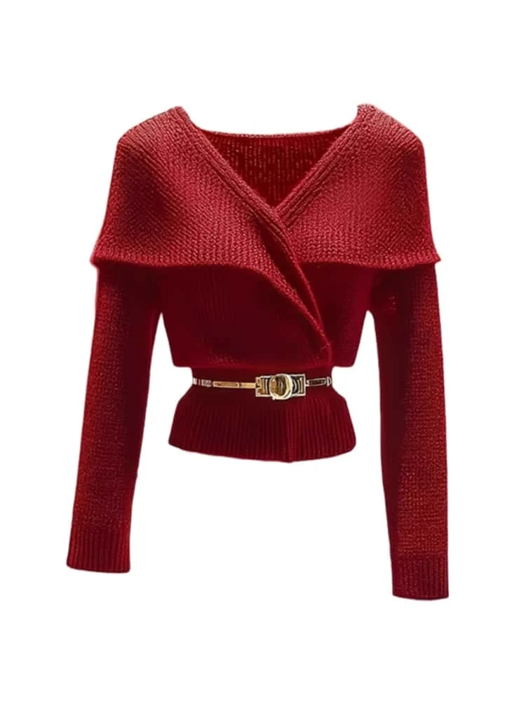 Luxury Sweater For Women V Neck Long Sleeve Autumn New Sweet Fashion Tops Y2K Retract Your Waist Ladies Red Knitted Pullovers 24