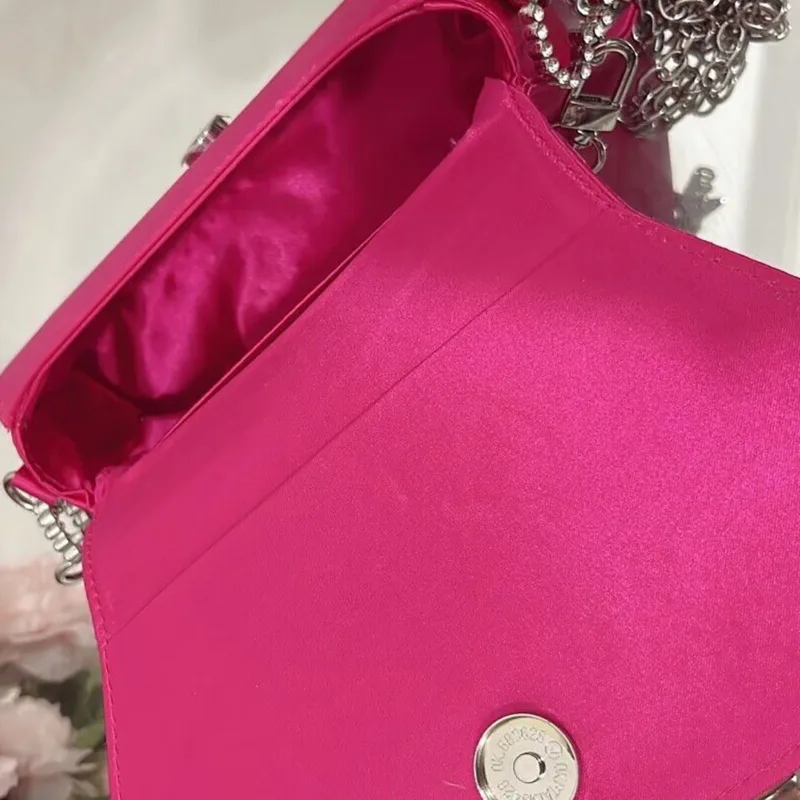 Elegant Pink Women's Handbag With Chain Strap Small Shoulder Bag Satin Material Diamond Handbag And Wallet Ladies Underarm Bag