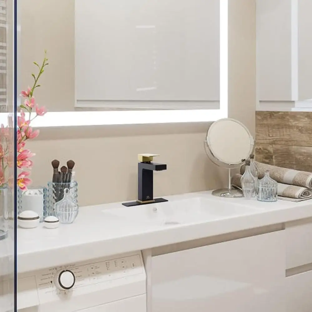 صنبور حوض الحمام النحاسي ذو الفتحة الواحدة باللونين الذهبي والأسود بمقبض واحد، يتضمن مجموعة الصرف ولوحة سطح السفينة، موديل BF307-GB #3