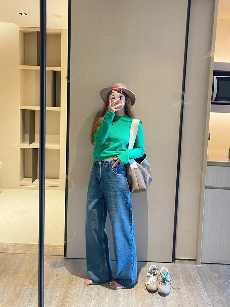 

Модные женские джинсы KOGIRL с прямыми штанинами и высокой талией, удобные, весенне-осенние, из хлопкового денима, синие, с рваными краями, длинные брюки