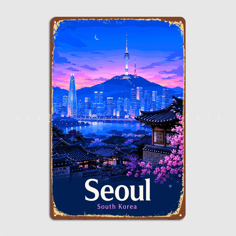 Seoul South Korea Night Cityscape Poster Metal Custom Sign Living Room Indoor Decor Room Decoration Bedroom Posters Home Decor