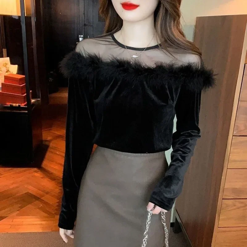 Top Female Splicing Fur Collar Coquette Clothes Black Sexy Off Shoulder Women\'s Long Sleeve T-shirt Korean Fashion Clothing Sale