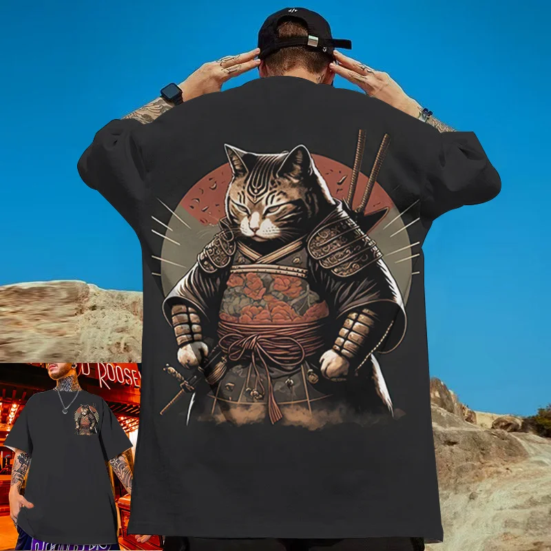 Super Cool Warring States Style Japanese Breeze Cat Katana Shogunate Pattern Short Sleeve Round Neck Fashion Short Sleeve