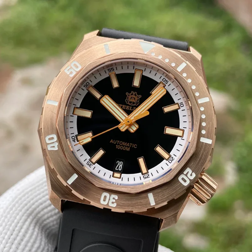 Steeldive Men Diver Watch 41.5mm Bronze Automatic Mechanical Wristwatch Military Dive1000M Waterproof C3 Luminous Sapphire NH35