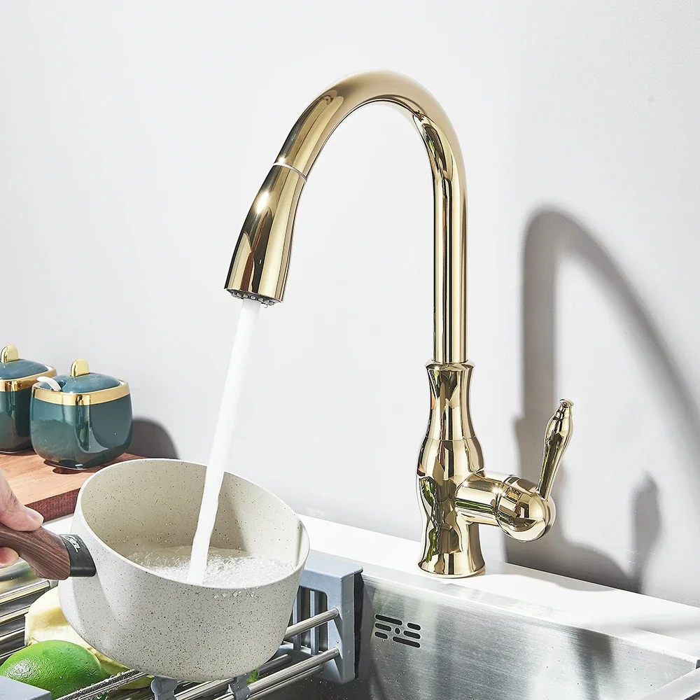 Kitchen Faucets Rotation Hot&Cold Water Mixer Tap Gold Polish Swivel Spout Sink Faucet Pull Down Sprayer Single Handle Faucets