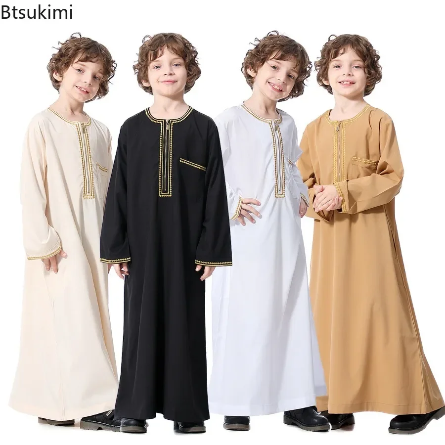 New 2025 Children Muslim Fashion Abaya Robe Kids Arab Folk Clothes Boys Solid Long Sleeve Jubbe Thobe 5-14 Years National Outfit