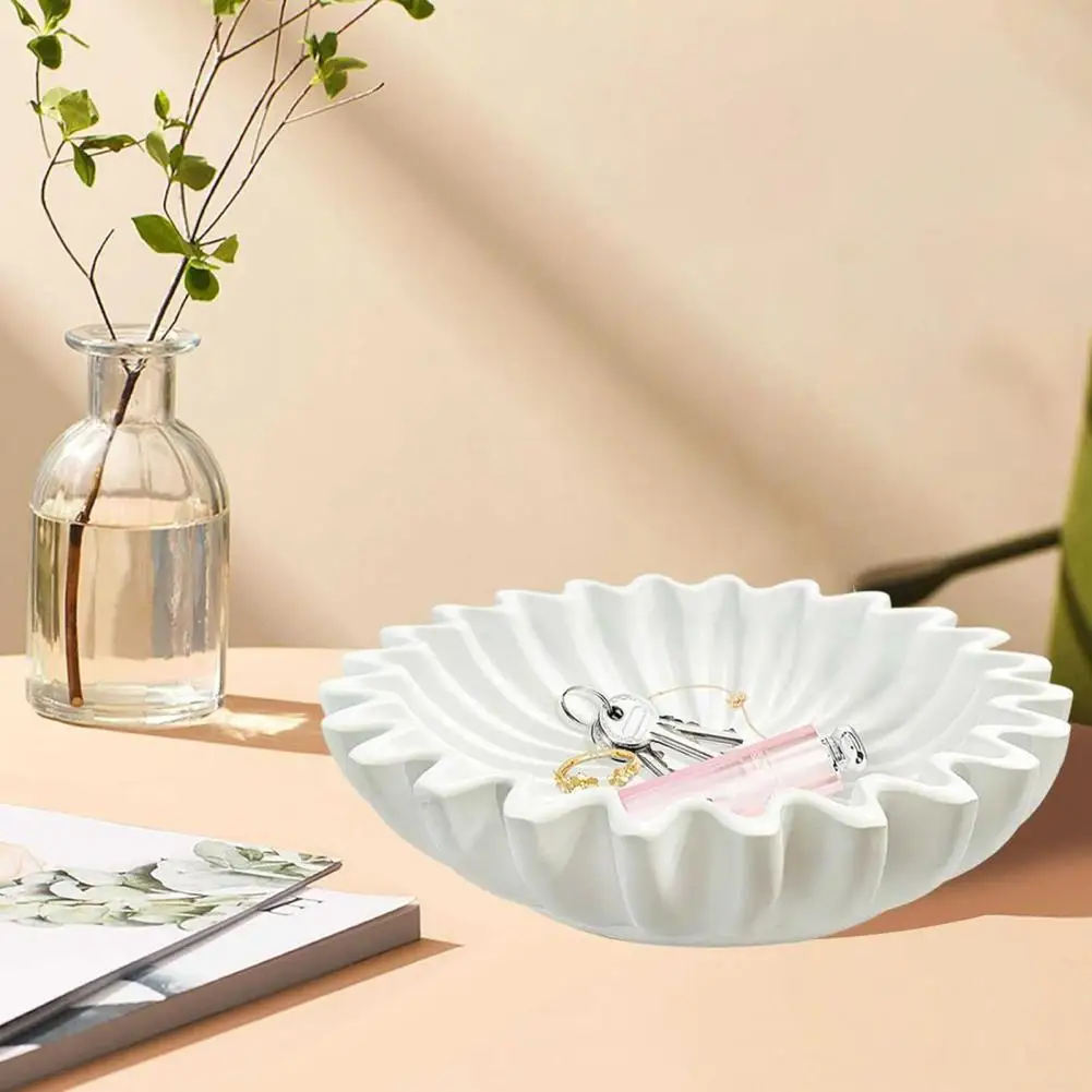 White Bowl Decor Elegant White Ruffle Decorative Bowl for Modern Room Office Resin Fluted Bowl for Coffee Table Bookshelf